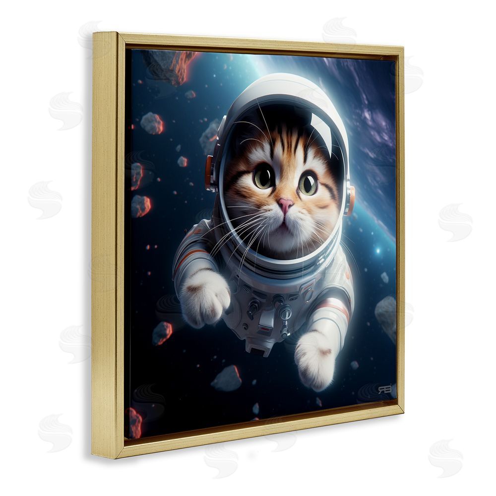RB Astronaut Cat in Space Gold Floating Frame Canvas Wall Art Print