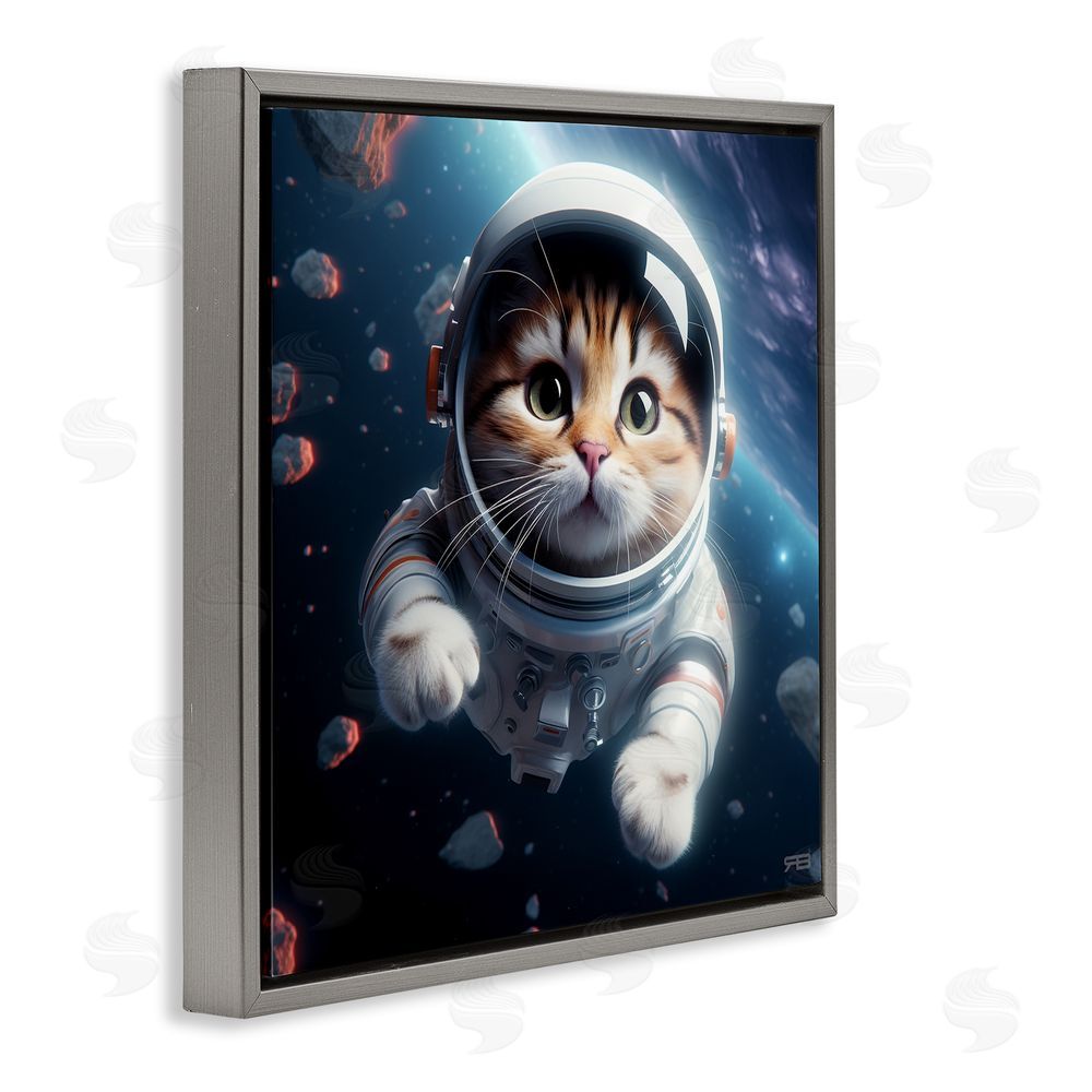 RB Astronaut Cat in Space Gray Floating Frame Canvas Wall Art Print