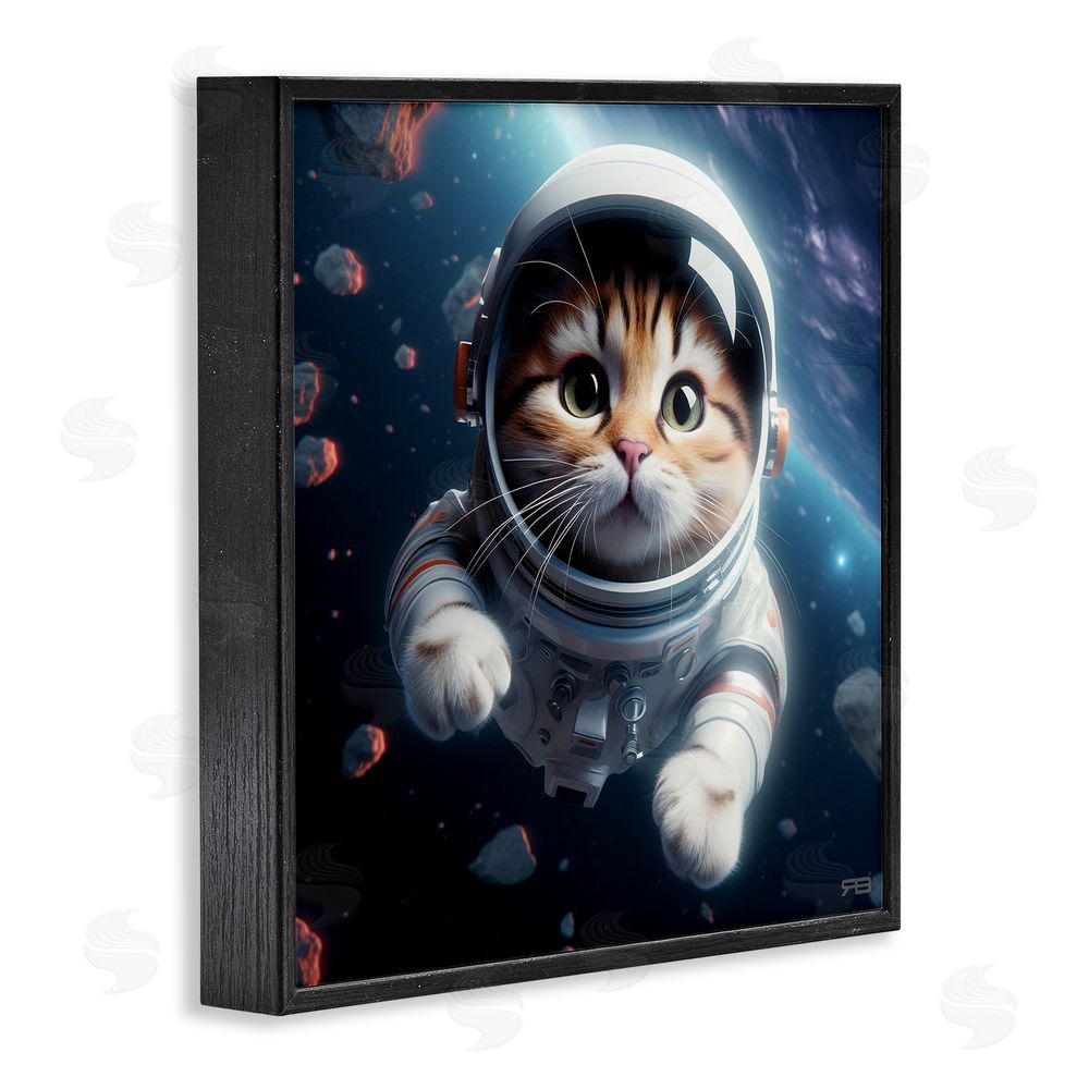RB Astronaut Cat in Space Black Framed Glicee Wall Art Print