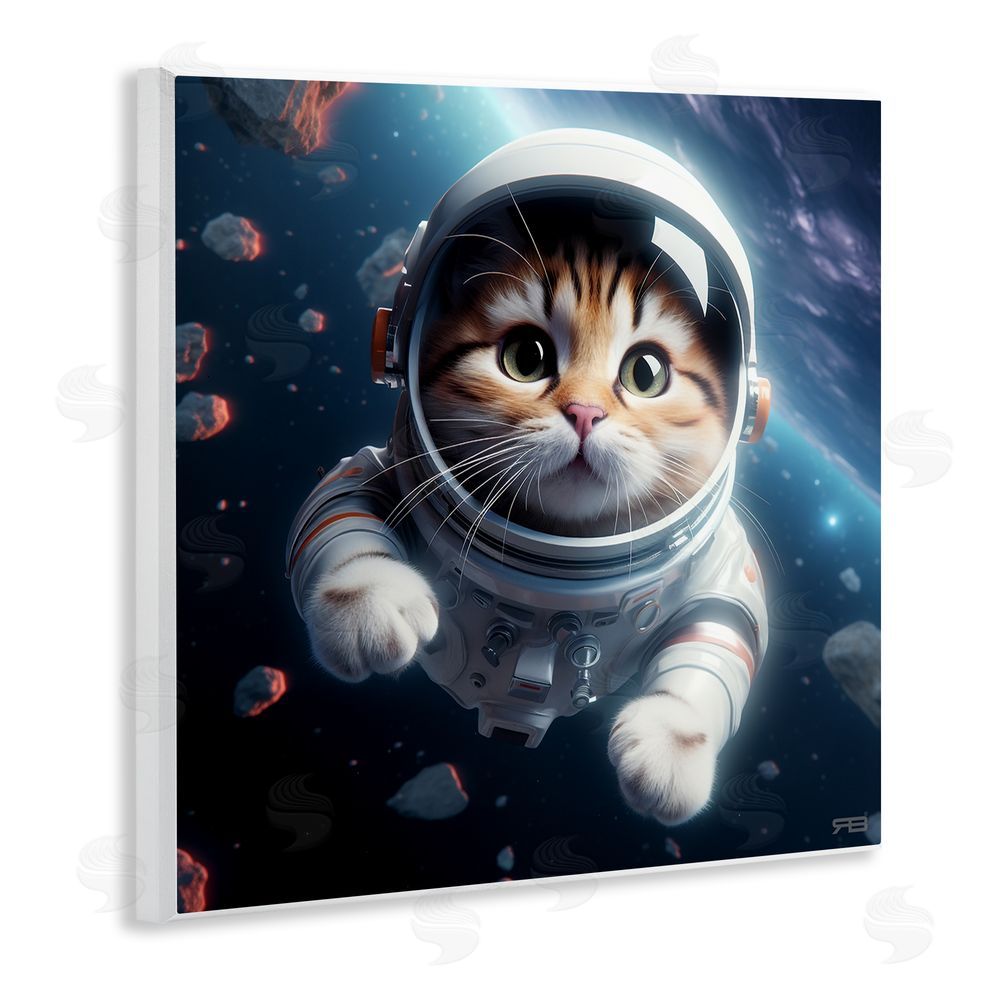 RB Astronaut Cat in Space Wooden Wall Plaque Art Print