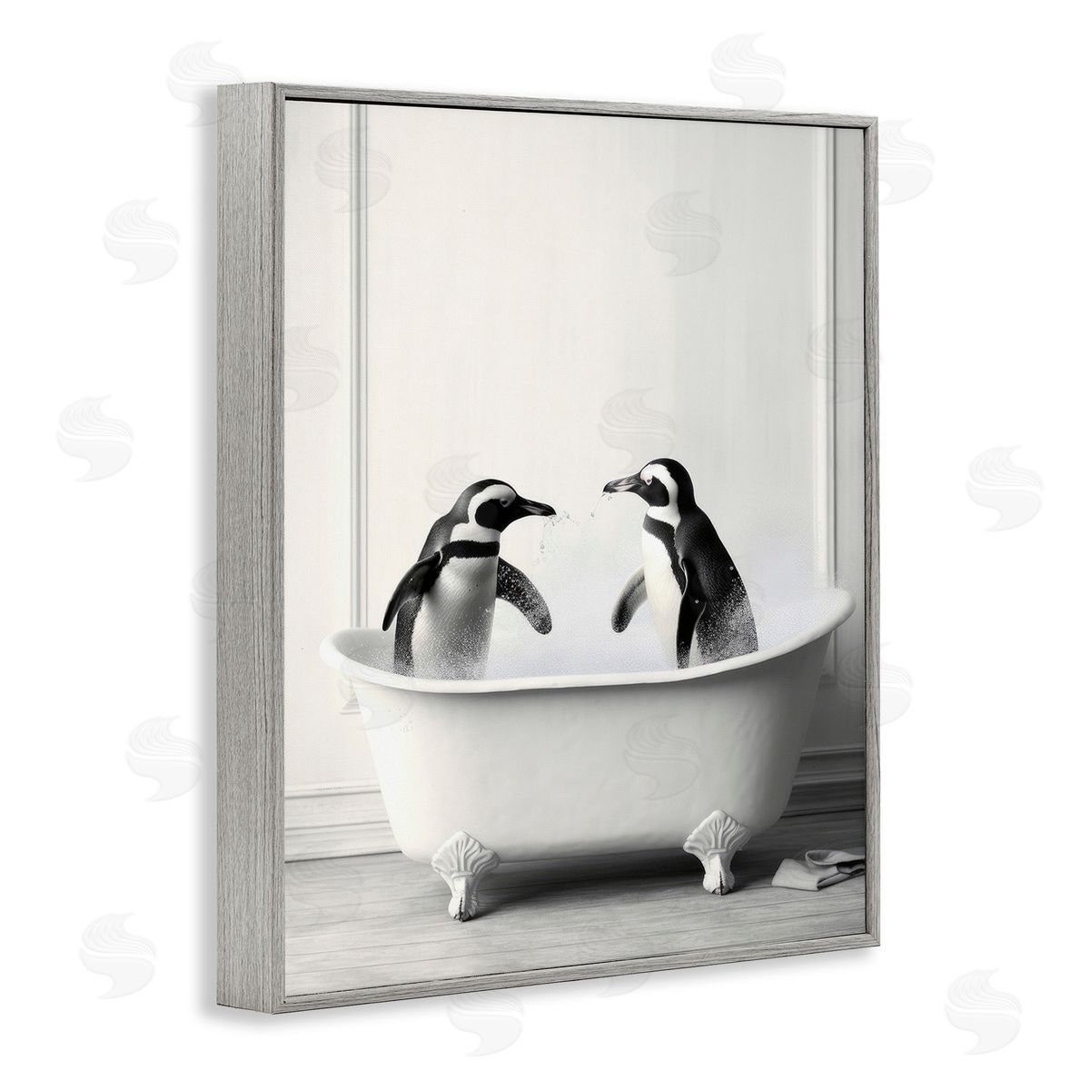 Penguin Duo in Bath Grey Frame Print Wall Art, Home Decor by Lazar Studio