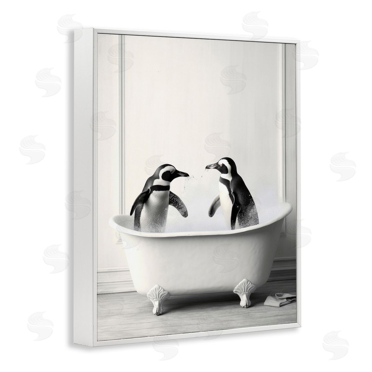Penguin Duo in Bath White Frame Print Wall Art, Home Decor by Lazar Studio