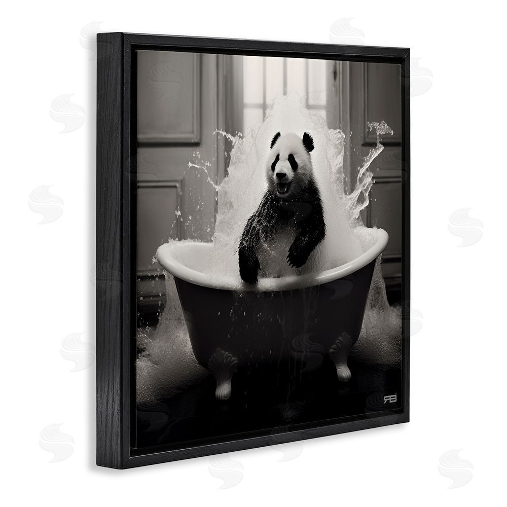 RB Panda & Splashing Bathtub Black Floating Frame Canvas Wall Art Print