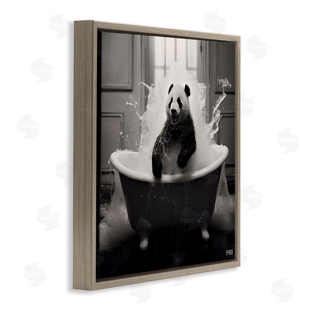 RB Panda & Splashing Bathtub Brown Floating Frame Canvas Wall Art Print