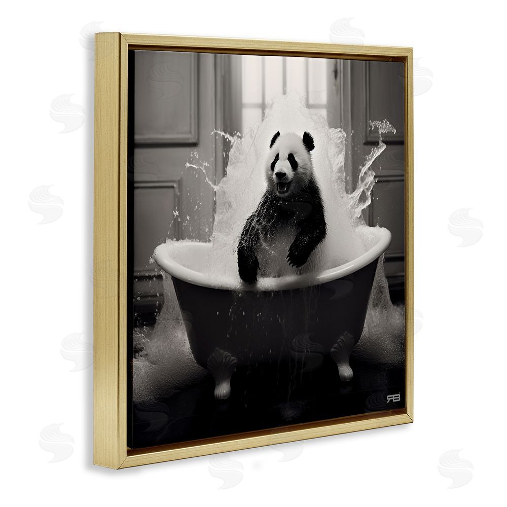 RB Panda & Splashing Bathtub Gold Floating Frame Canvas Wall Art Print