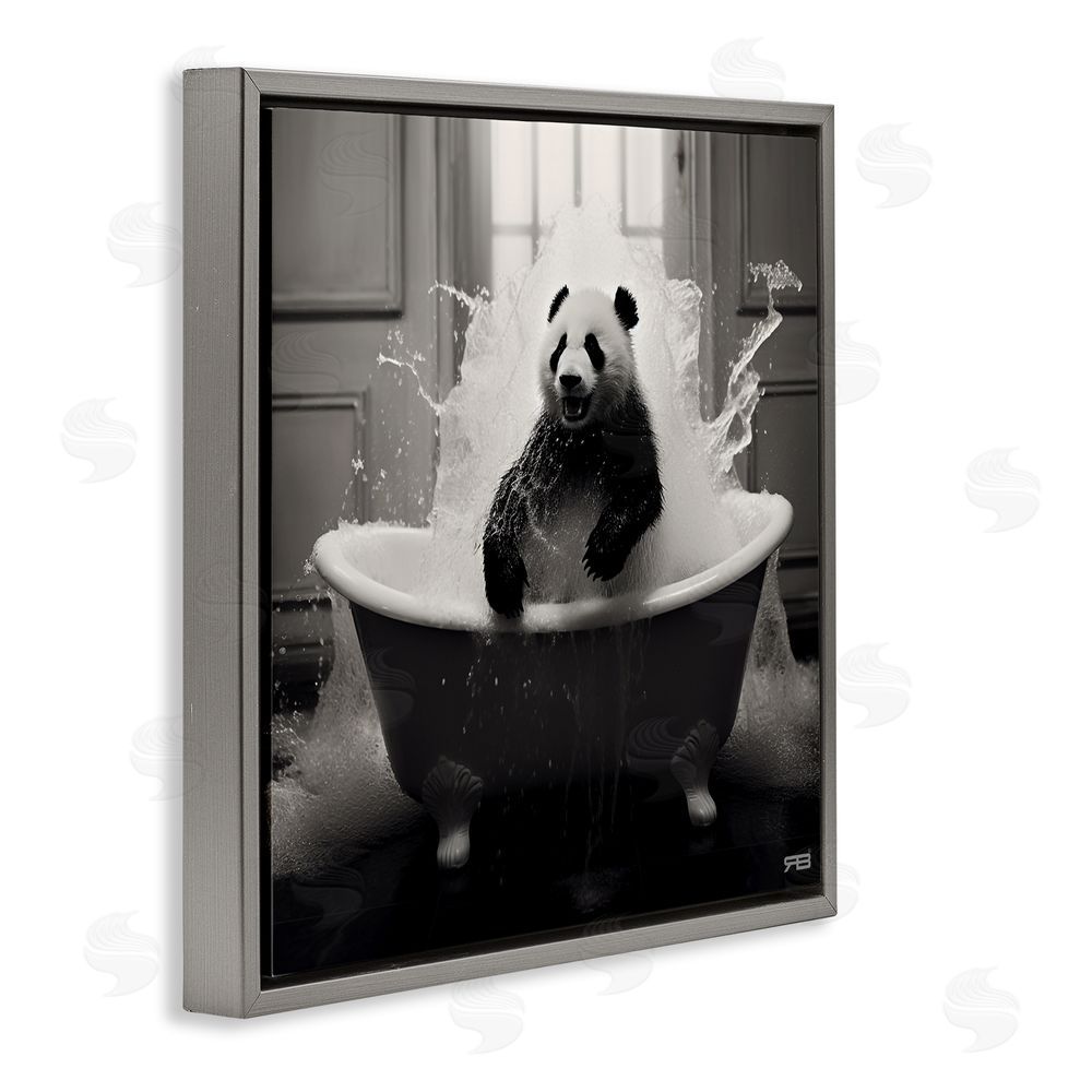 RB Panda & Splashing Bathtub Gray Floating Frame Canvas Wall Art Print