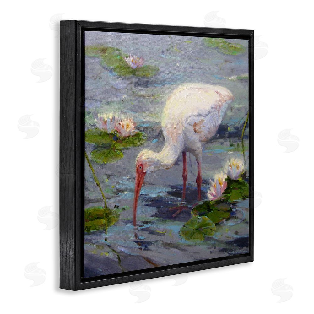 Sandy Nelson Water Bird with Pond Lilies Black Floating Frame Canvas Wall Art Print