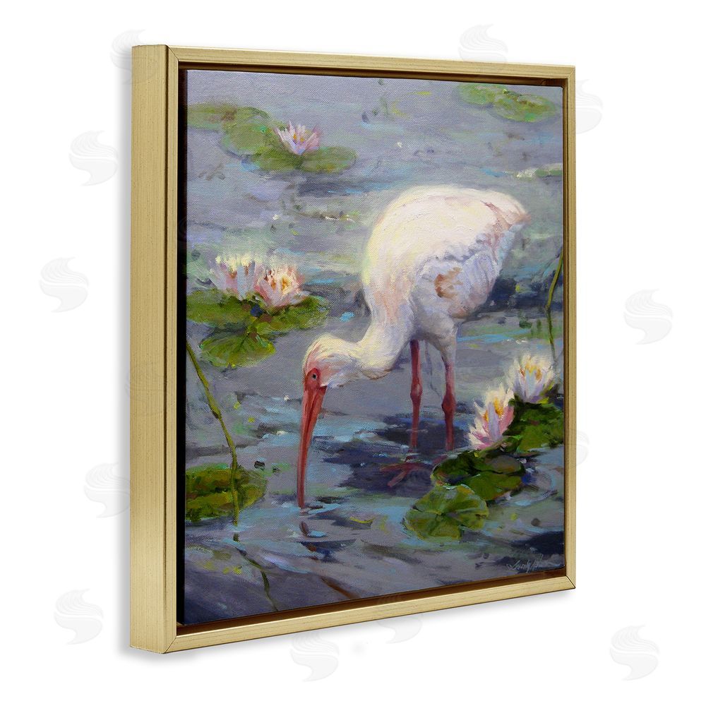 Sandy Nelson Water Bird with Pond Lilies Gold Floating Frame Canvas Wall Art Print