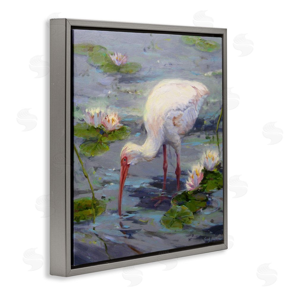 Sandy Nelson Water Bird with Pond Lilies Gray Floating Frame Canvas Wall Art Print