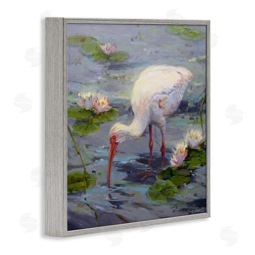 Sandy Nelson Water Bird with Pond Lilies Gray Framed Glicee Wall Art Print