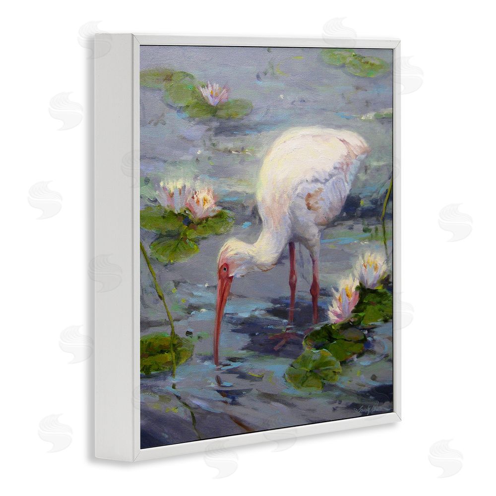 Sandy Nelson Water Bird with Pond Lilies White Framed Glicee Wall Art Print