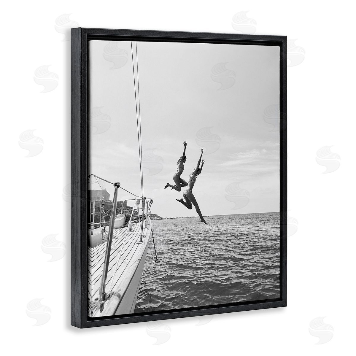 People Diving from Boat Black Floating Frame Canvas Wall Art, Home Decor by Sisi and Seb