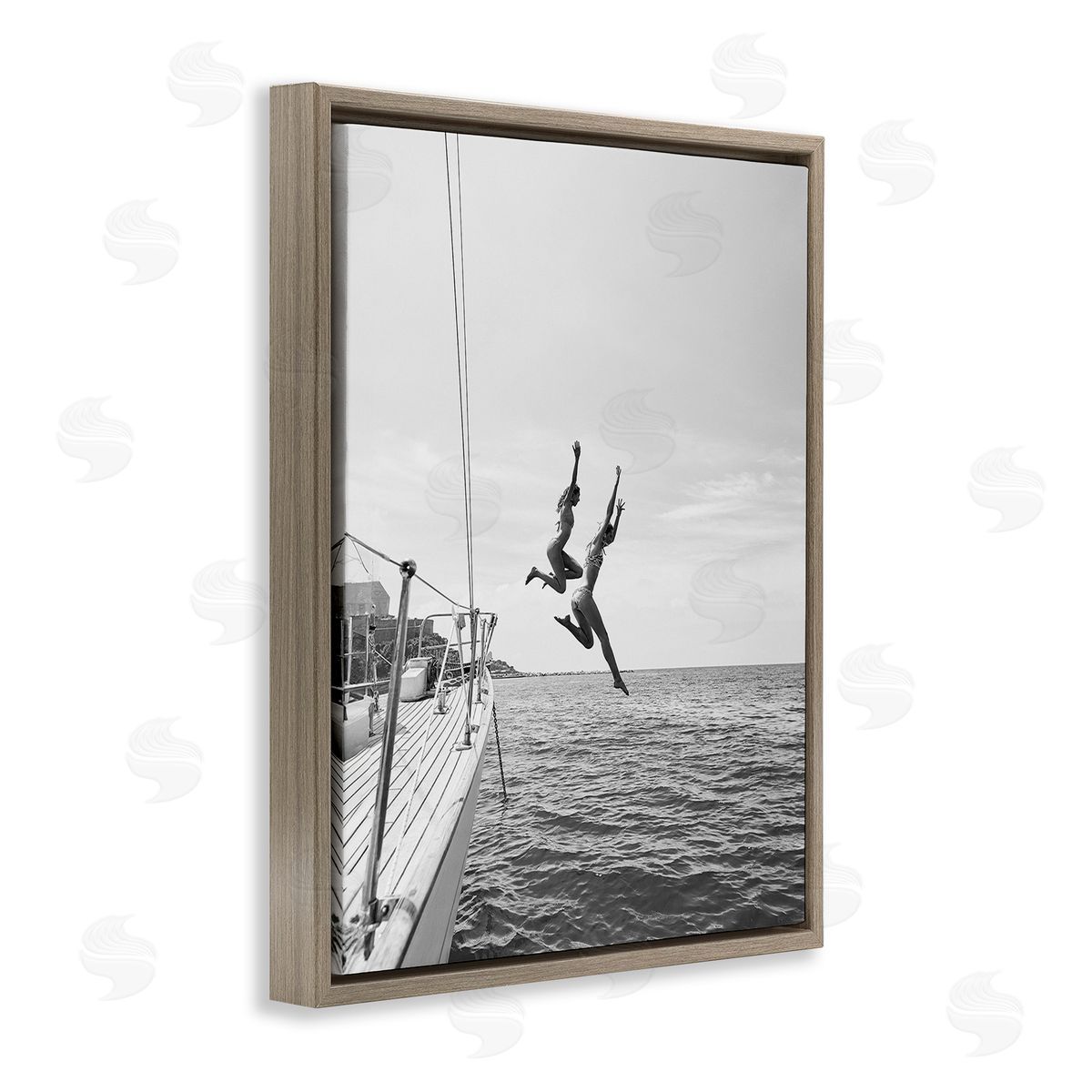 People Diving from Boat Brown Floating Frame Canvas Wall Art, Home Decor by Sisi and Seb