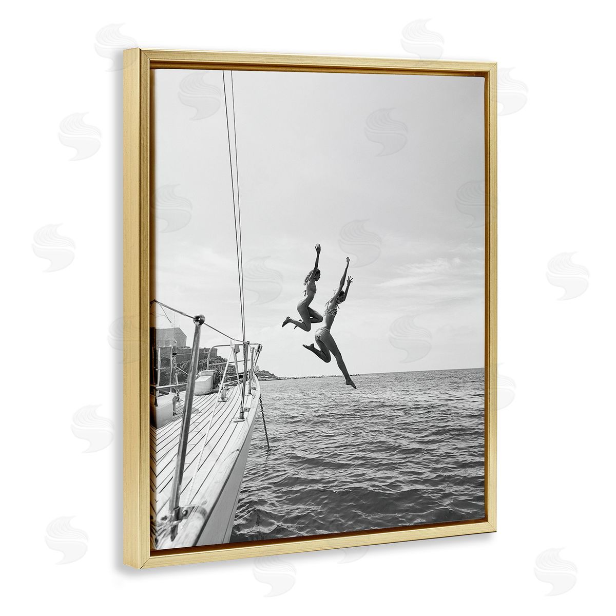 People Diving from Boat Gold Floating Frame Canvas Wall Art, Home Decor by Sisi and Seb