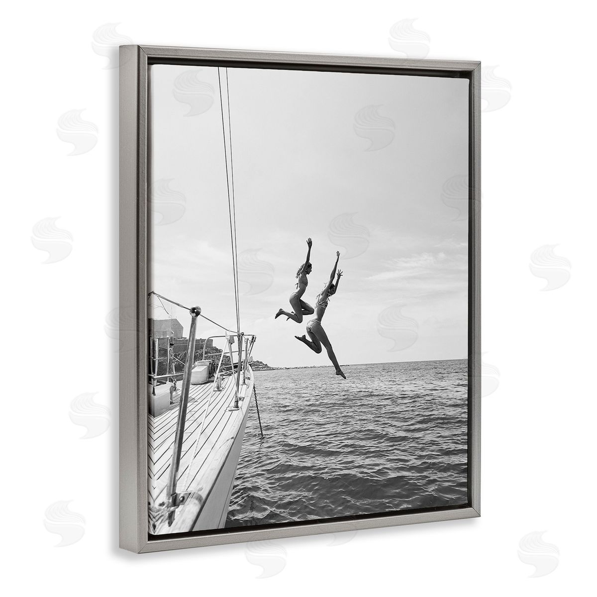 People Diving from Boat Grey Floating Frame Canvas Wall Art, Home Decor by Sisi and Seb