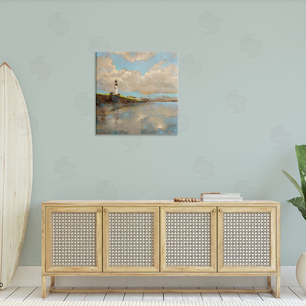 Trevor Copenhaver Lighthouse & Clouds Reflection Canvas Wall Art in Room