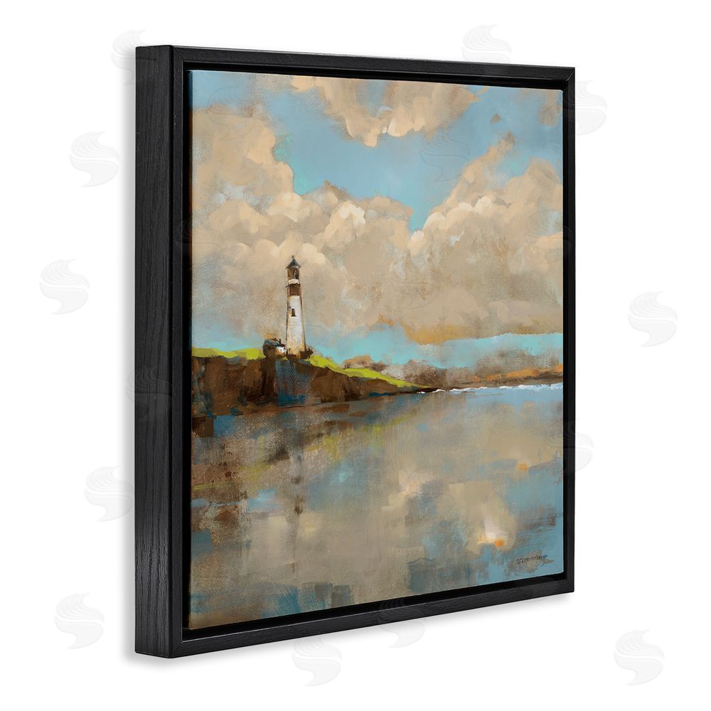 Trevor Copenhaver Lighthouse & Clouds Reflection Black Floating Frame Canvas Wall Art Print