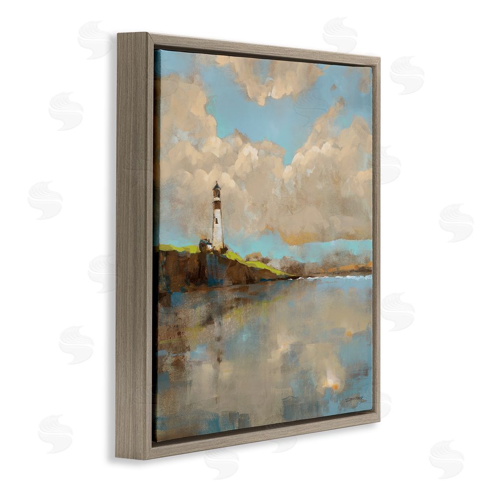 Trevor Copenhaver Lighthouse & Clouds Reflection Brown Floating Frame Canvas Wall Art Print