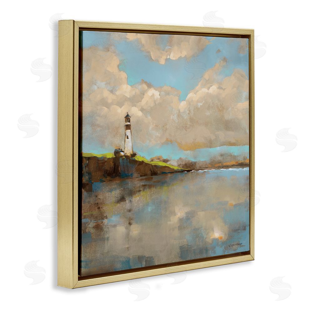 Trevor Copenhaver Lighthouse & Clouds Reflection Gold Floating Frame Canvas Wall Art Print