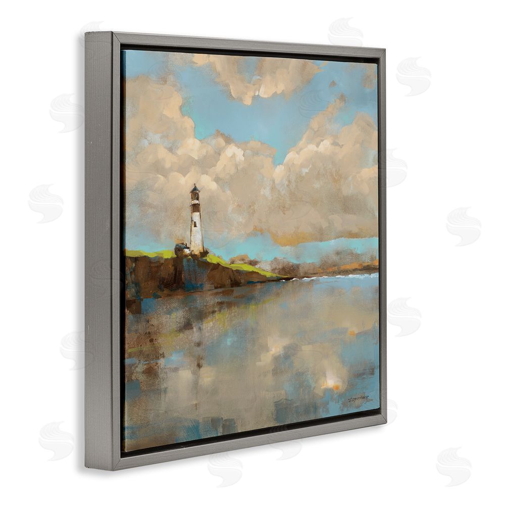 Trevor Copenhaver Lighthouse & Clouds Reflection Gray Floating Frame Canvas Wall Art Print