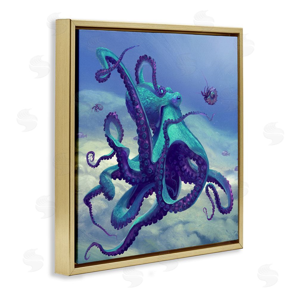 Vlad Mel Vivid Underwater Octopus Gold Floating Frame Canvas Wall Art Print