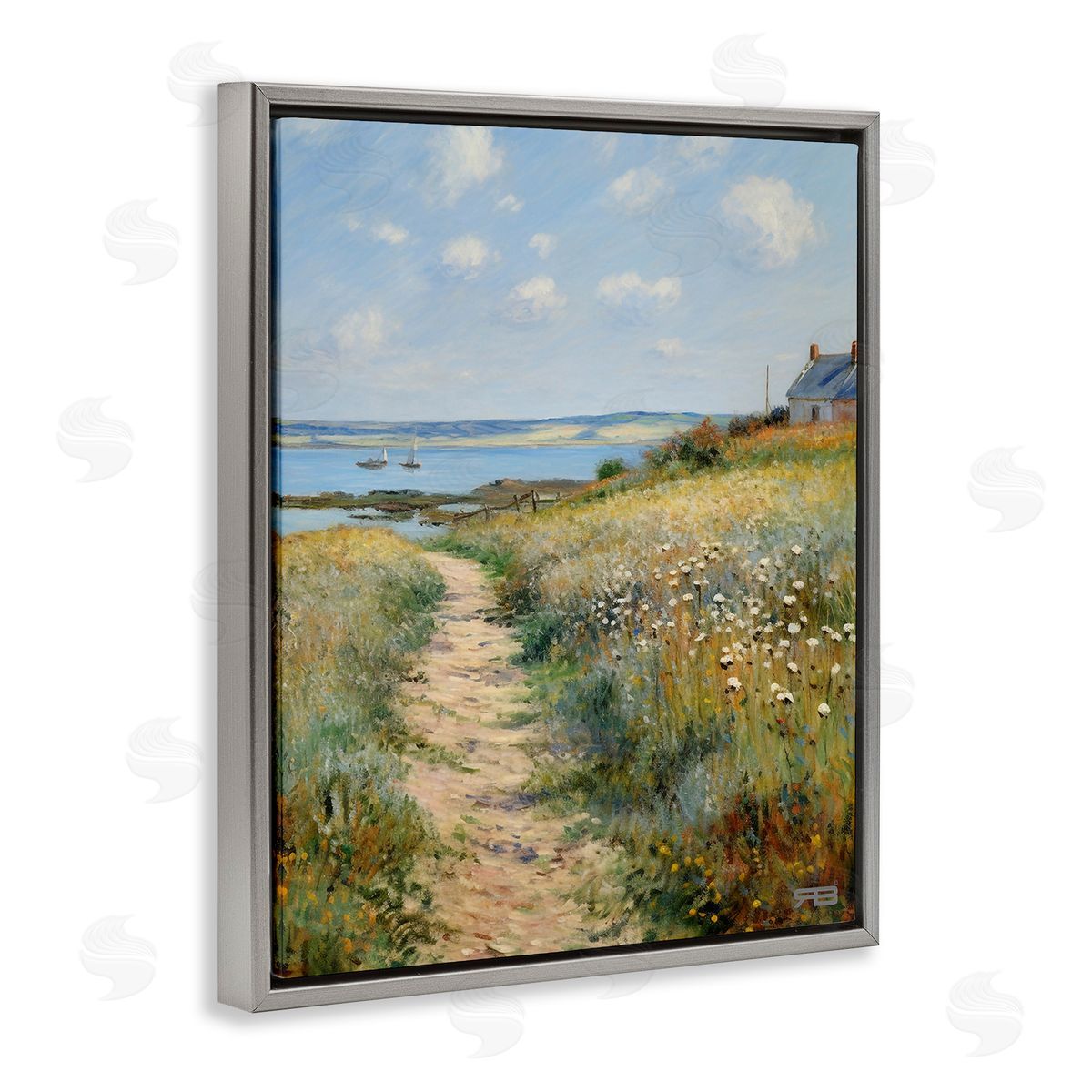 Coastal Meadow Path Grey Floating Frame Canvas Wall Art, Home Decor by RB