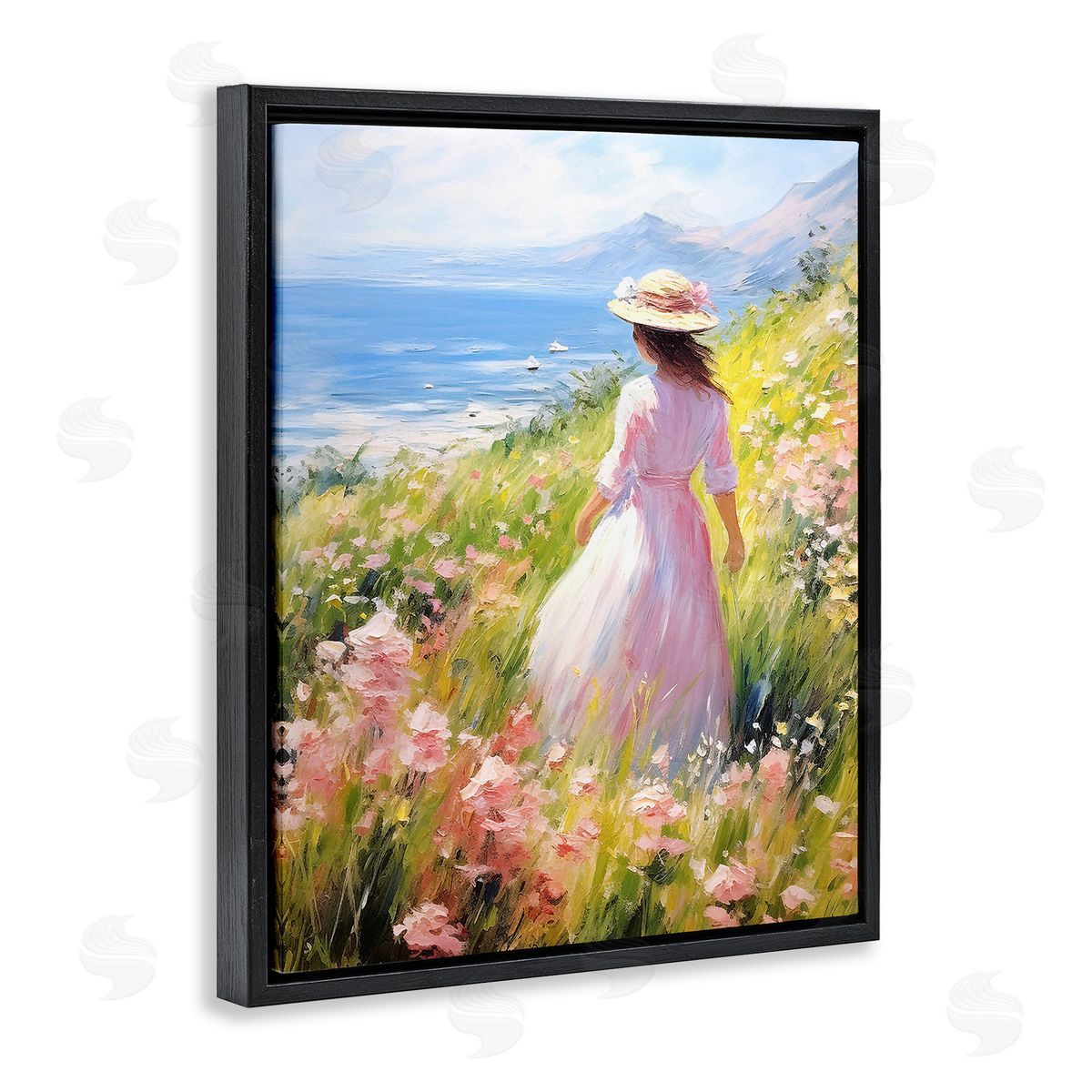 Woman & Scenic Beach Black Floating Frame Canvas Wall Art, Home Decor by RB