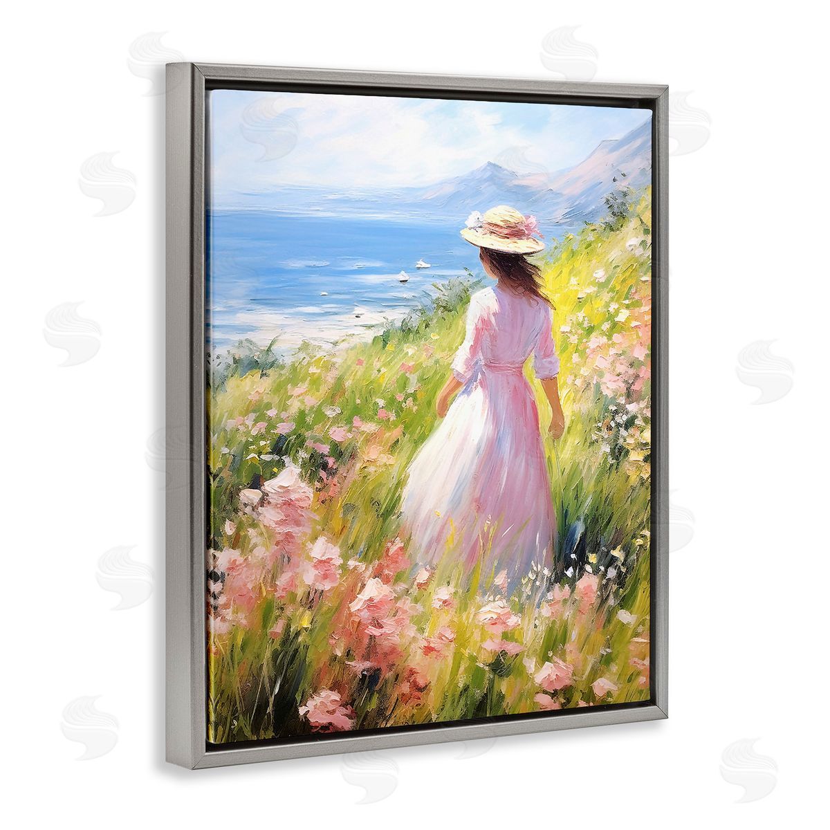 Woman & Scenic Beach Grey Floating Frame Canvas Wall Art, Home Decor by RB