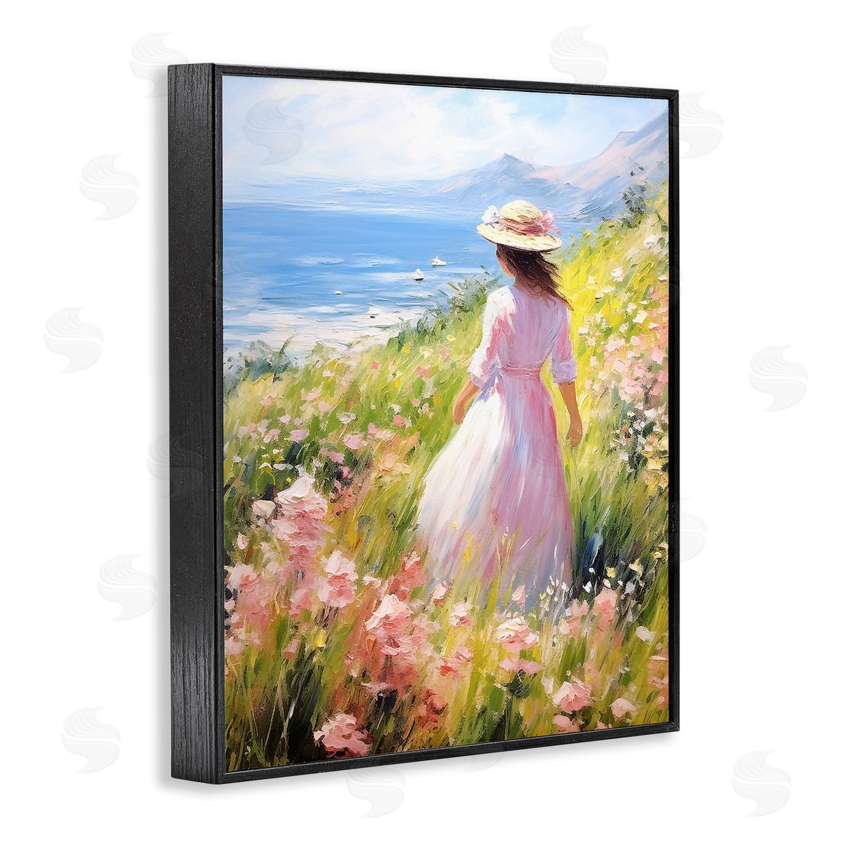 Woman & Scenic Beach Black Frame Print Wall Art, Home Decor by RB