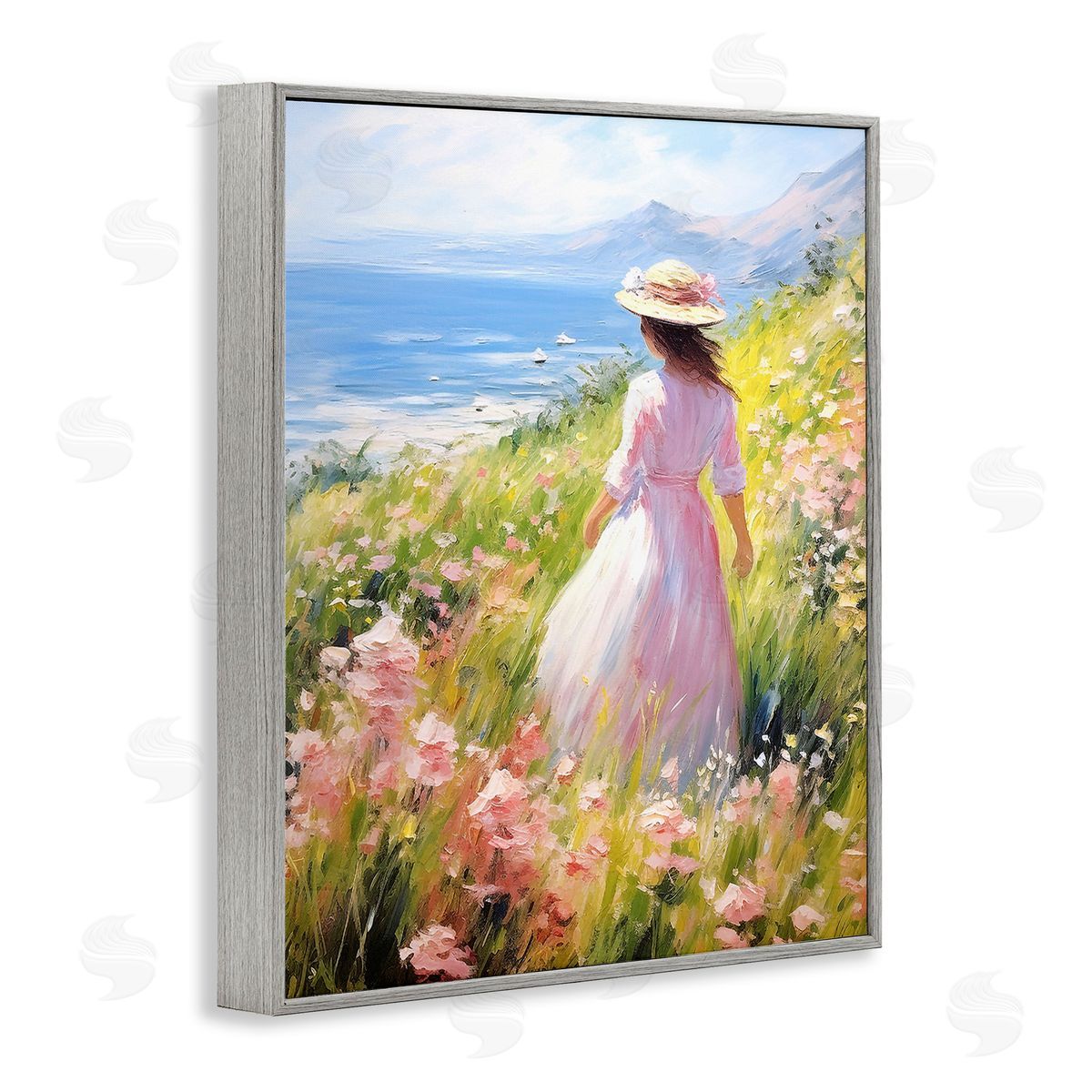 Woman & Scenic Beach Grey Frame Print Wall Art, Home Decor by RB
