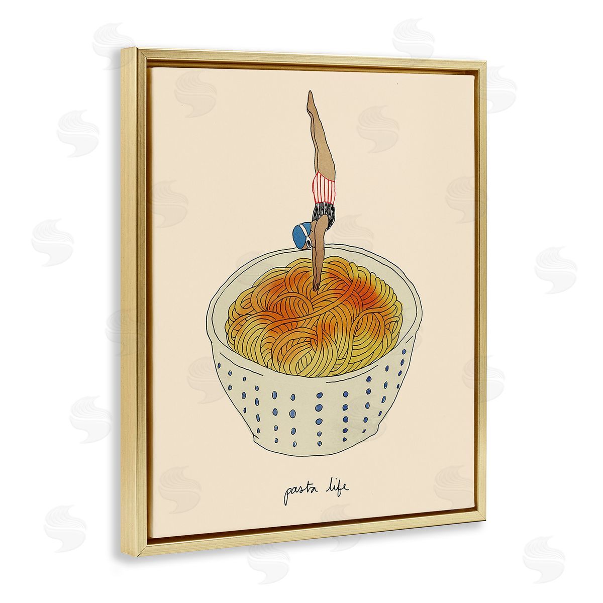 Swimmer with Pasta Bowl Gold Floating Frame Canvas Wall Art, Home Decor by Victoria Barnes