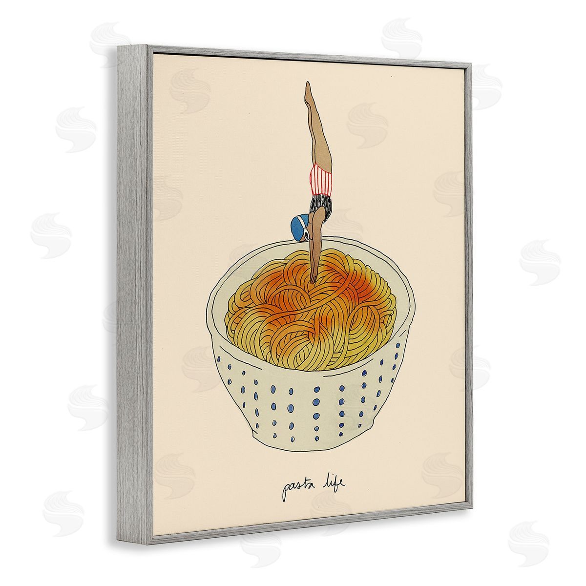 Swimmer with Pasta Bowl Grey Frame Print Wall Art, Home Decor by Victoria Barnes