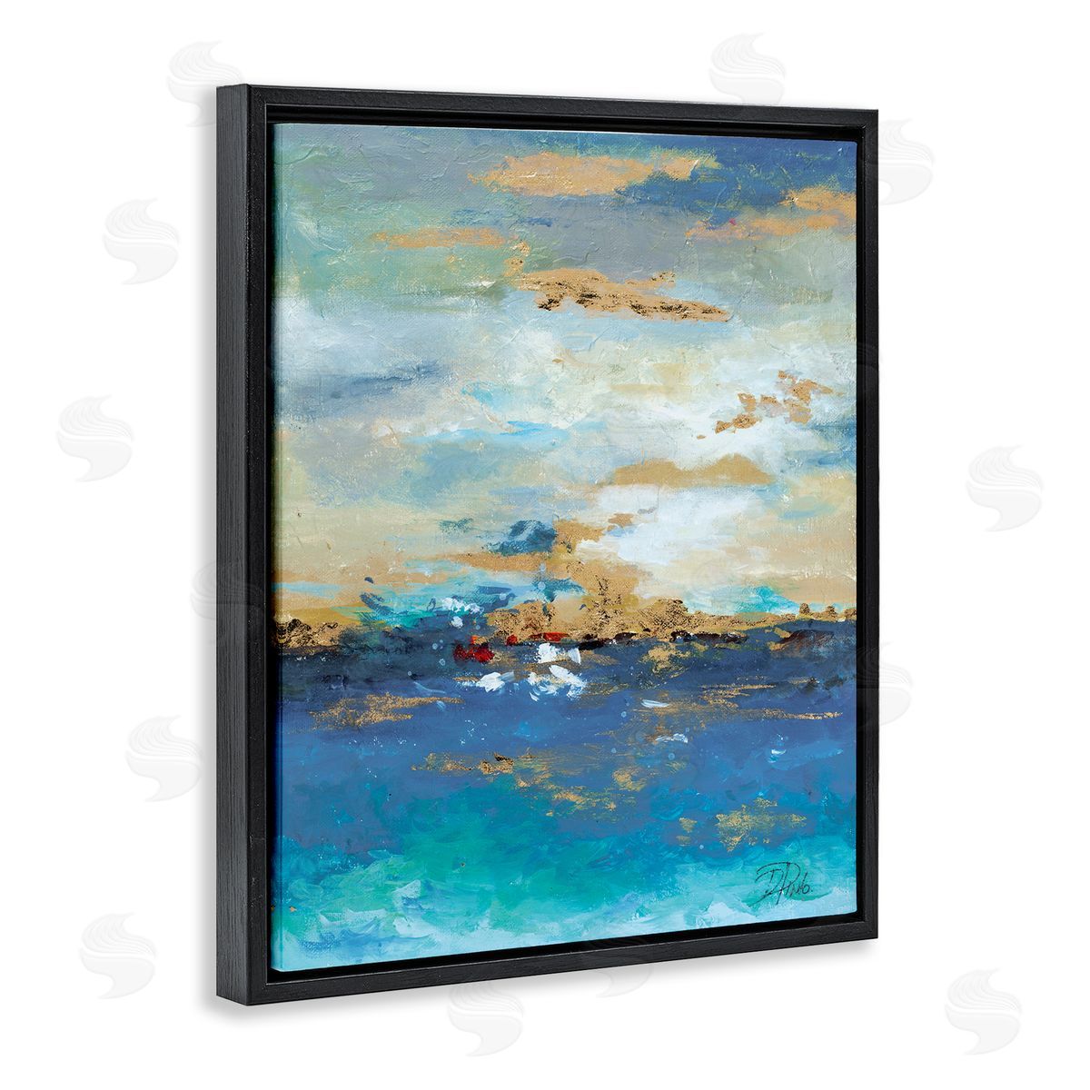 Ocean View with Tan Accents Black Floating Frame Canvas Wall Art, Home Decor by Patricia Pinto