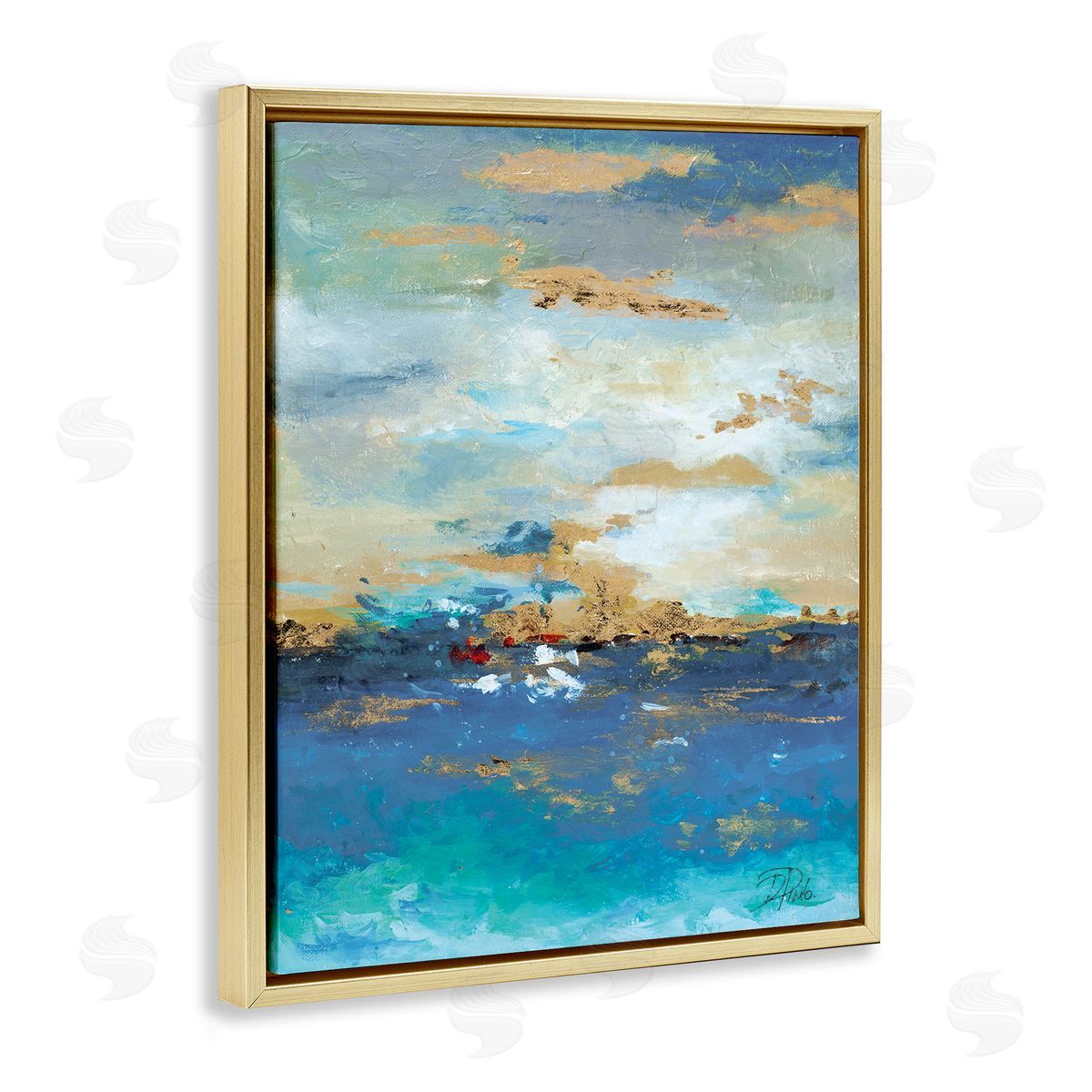 Ocean View with Tan Accents Gold Floating Frame Canvas Wall Art, Home Decor by Patricia Pinto