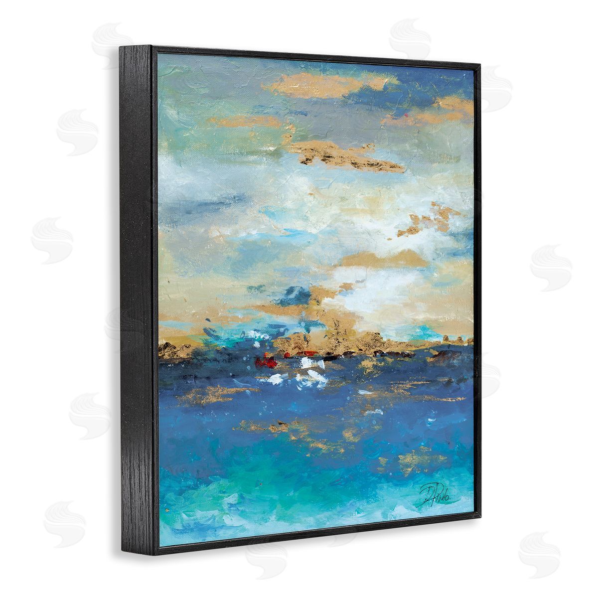 Ocean View with Tan Accents Black Frame Print Wall Art, Home Decor by Patricia Pinto