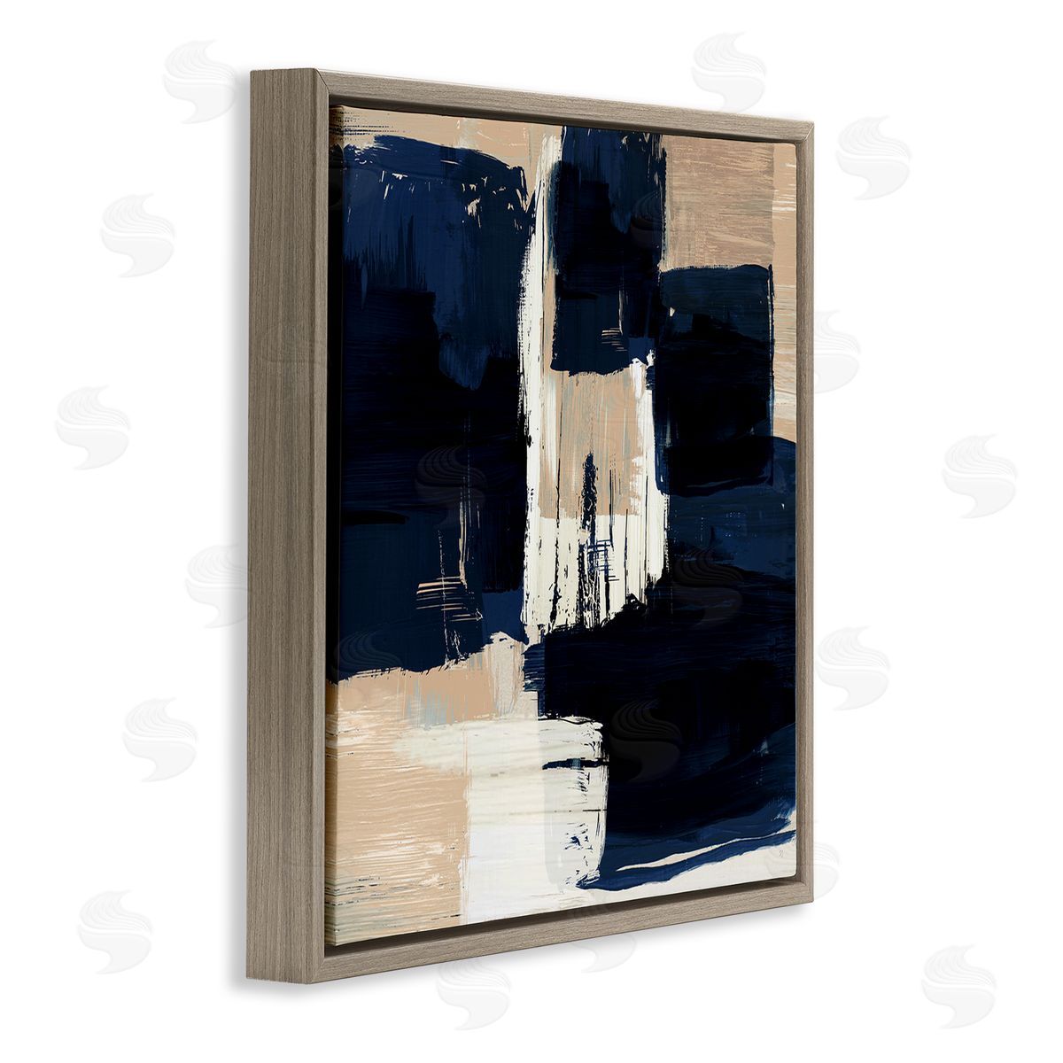 Restless Blue and Tan Shapes Brown Floating Frame Canvas Wall Art, Home Decor by Susan Jill