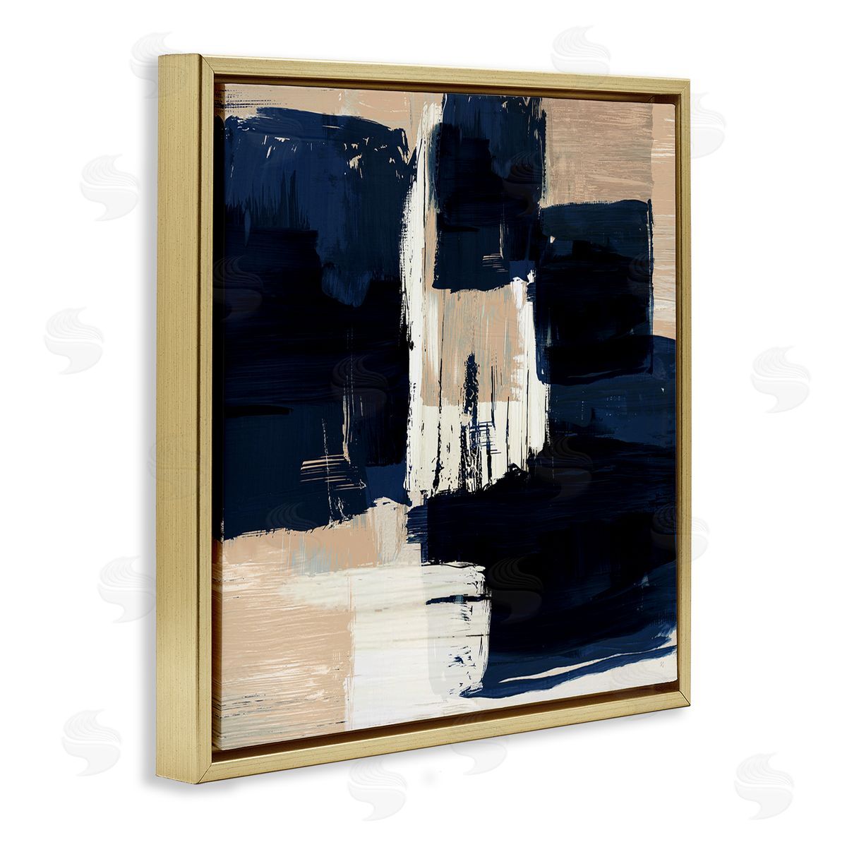 Restless Blue and Tan Shapes Gold Floating Frame Canvas Wall Art, Home Decor by Susan Jill