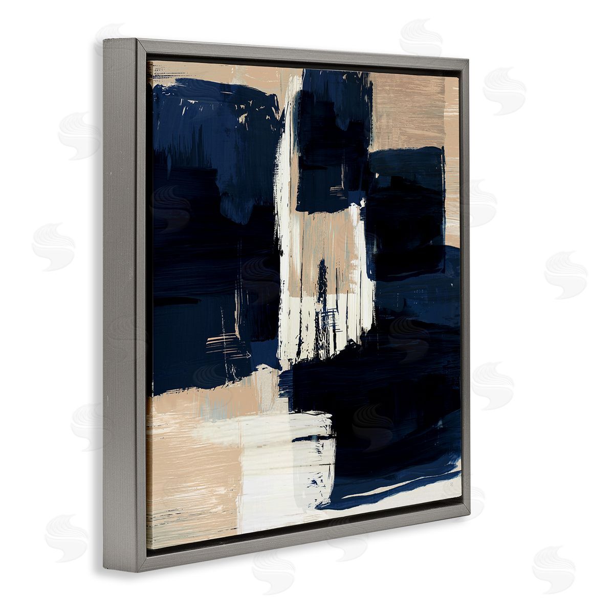 Restless Blue and Tan Shapes Grey Floating Frame Canvas Wall Art, Home Decor by Susan Jill