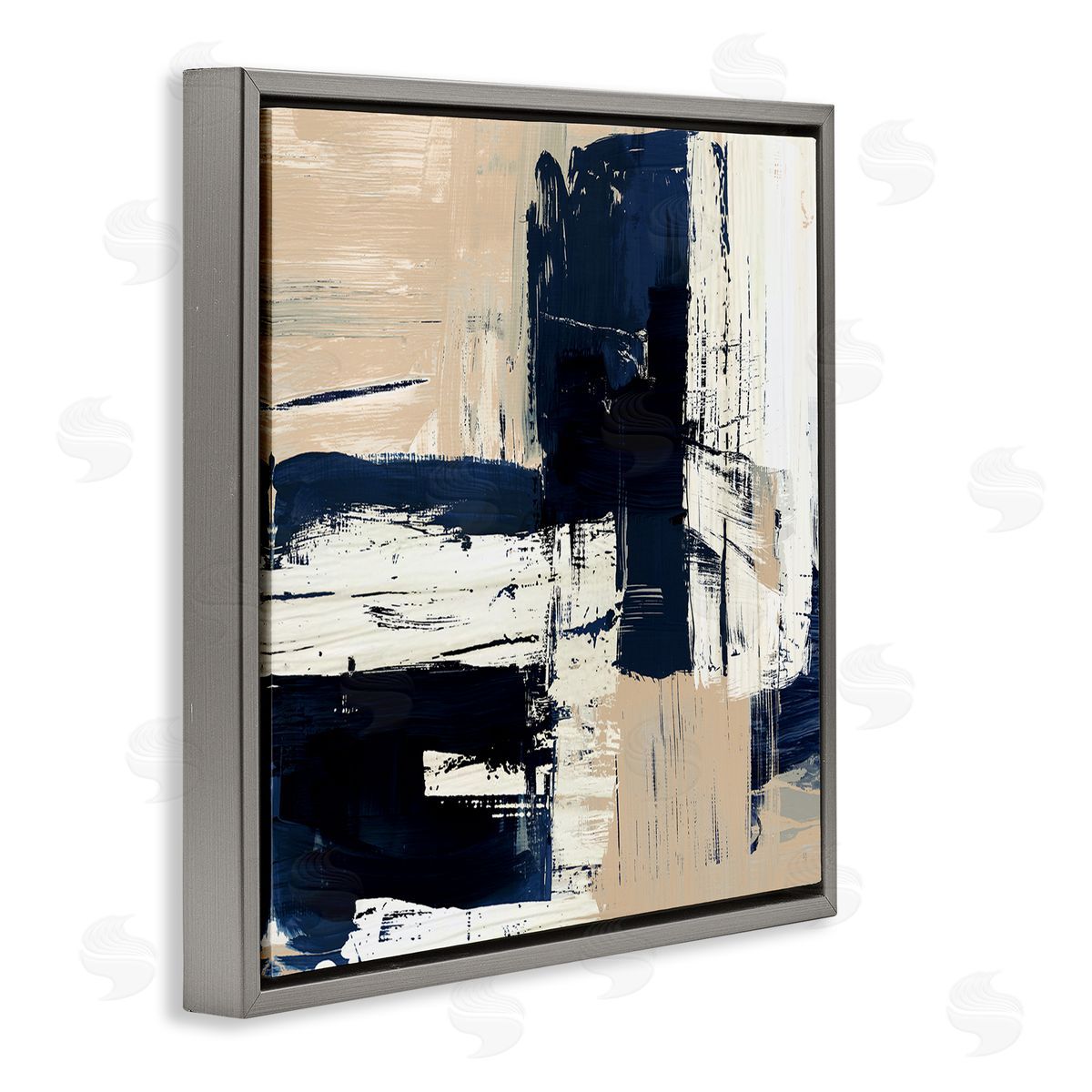 Expressive Blue Tan Shapes Grey Floating Frame Canvas Wall Art, Home Decor by Susan Jill