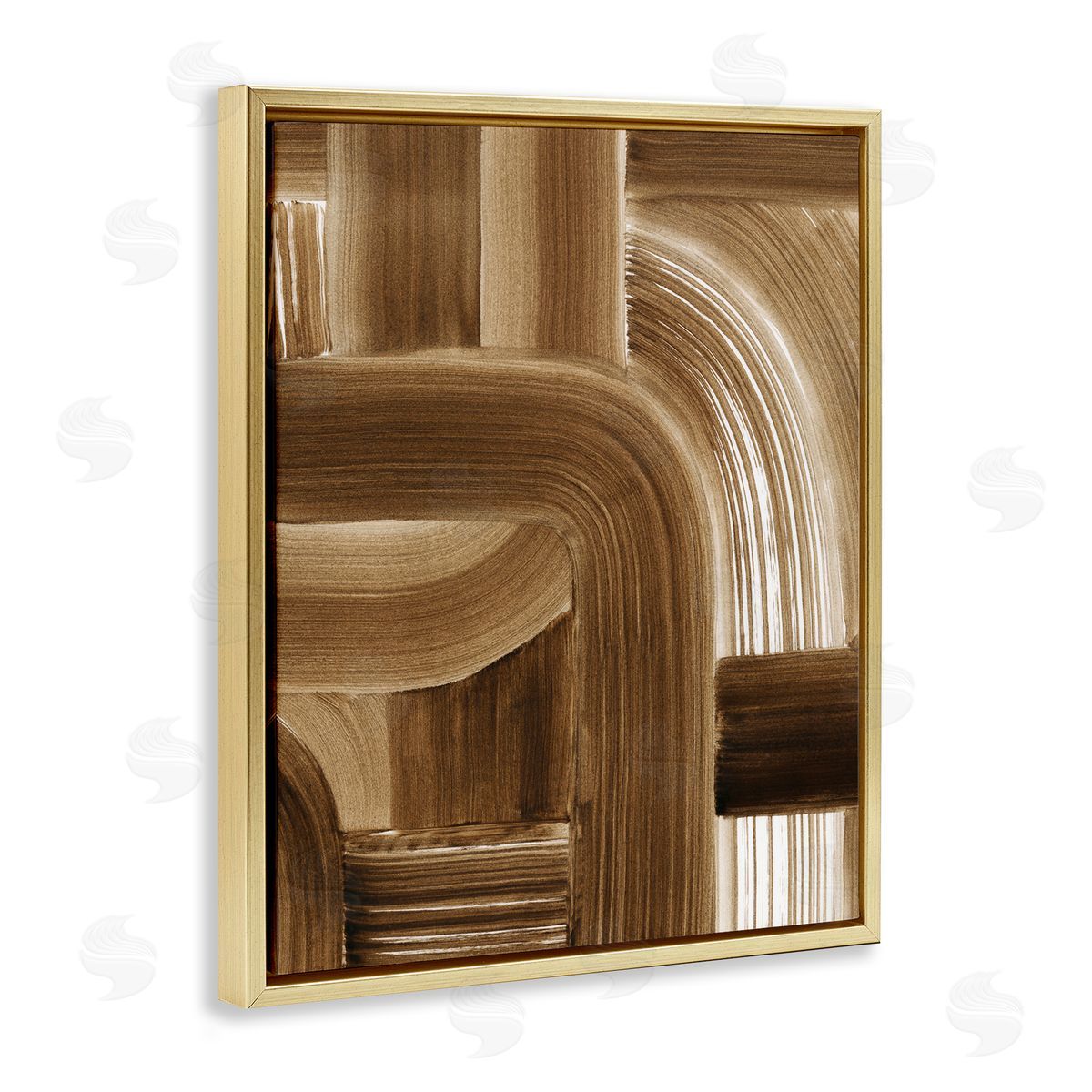 Brown Curved Paint Strokes Gold Floating Frame Canvas Wall Art, Home Decor by Grace Popp