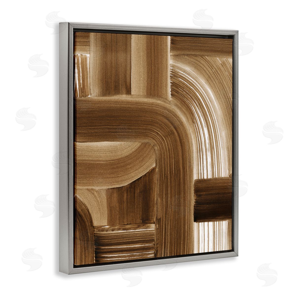 Brown Curved Paint Strokes Grey Floating Frame Canvas Wall Art, Home Decor by Grace Popp