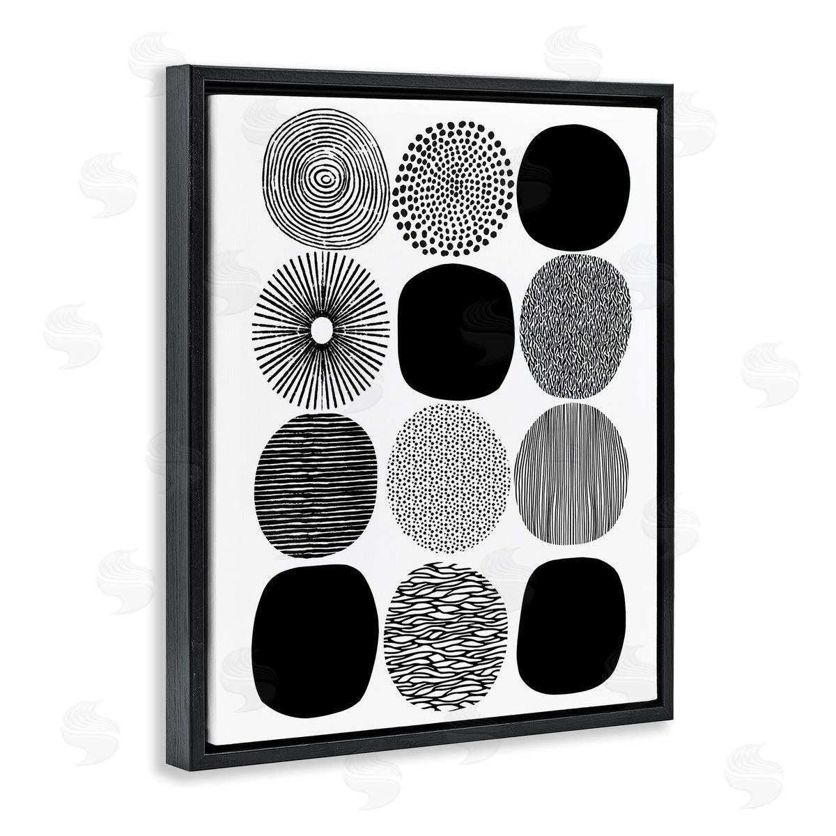 Black and White Pattern Circles Black Floating Frame Canvas Wall Art, Home Decor by Lisa Nohren