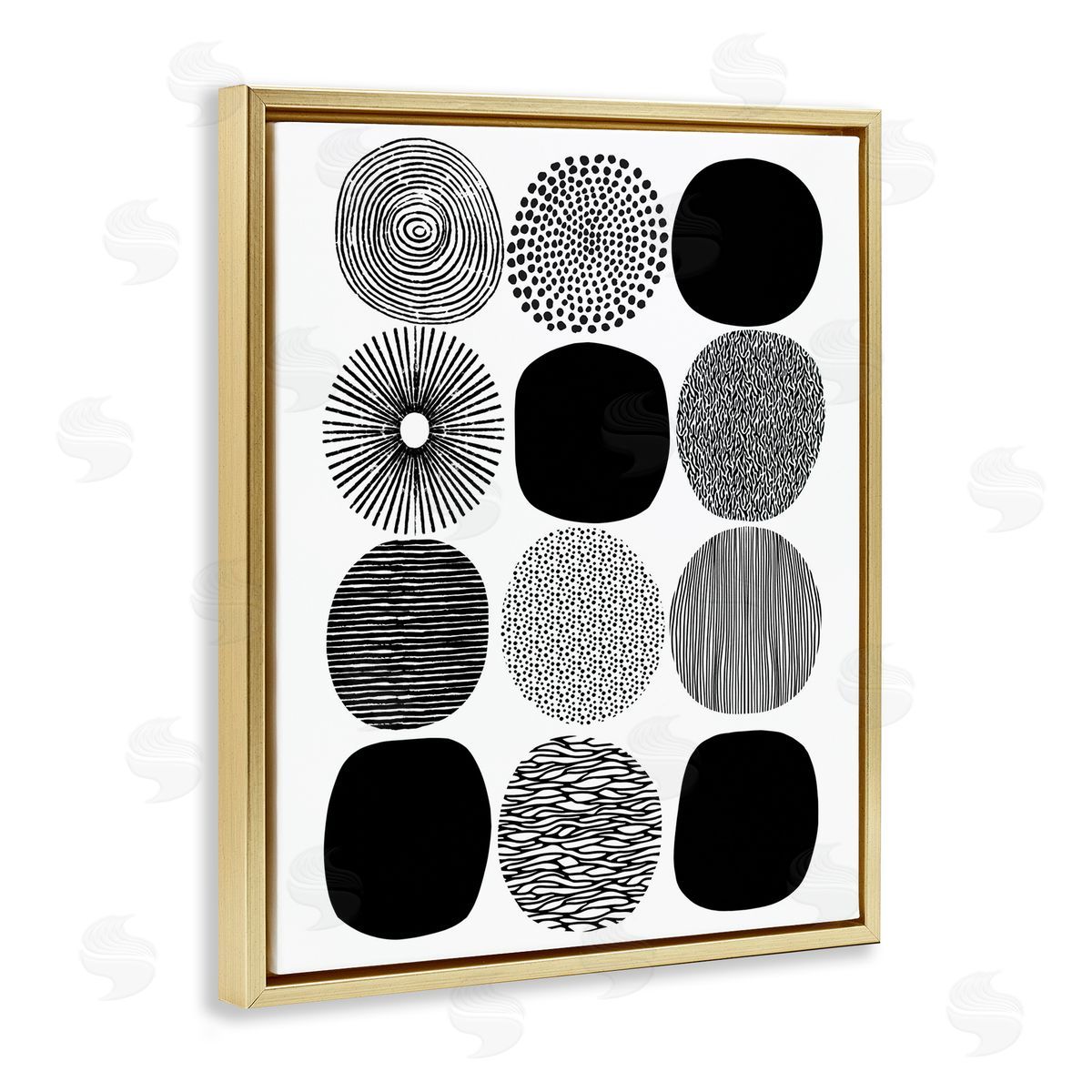 Black and White Pattern Circles Gold Floating Frame Canvas Wall Art, Home Decor by Lisa Nohren