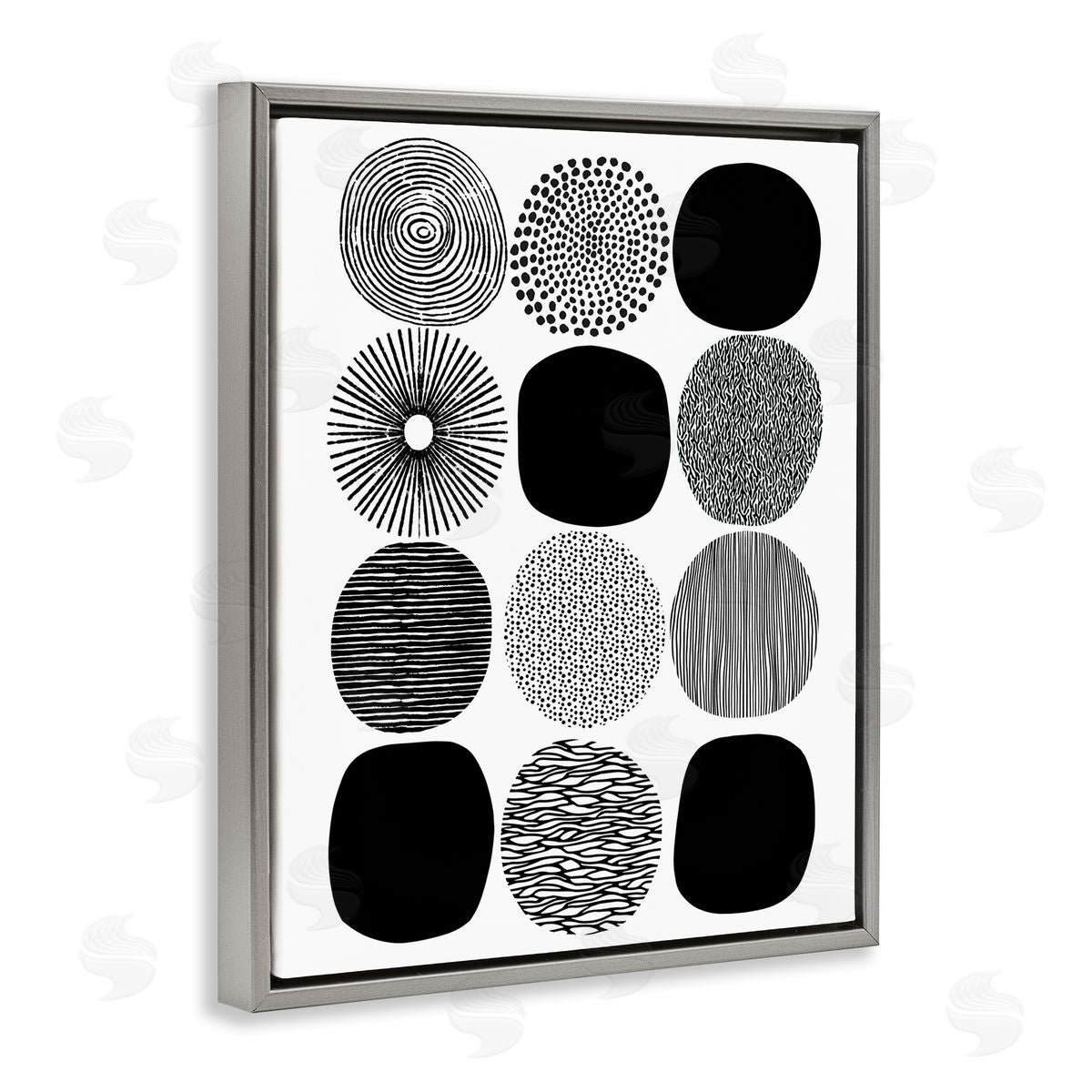 Black and White Pattern Circles Grey Floating Frame Canvas Wall Art, Home Decor by Lisa Nohren