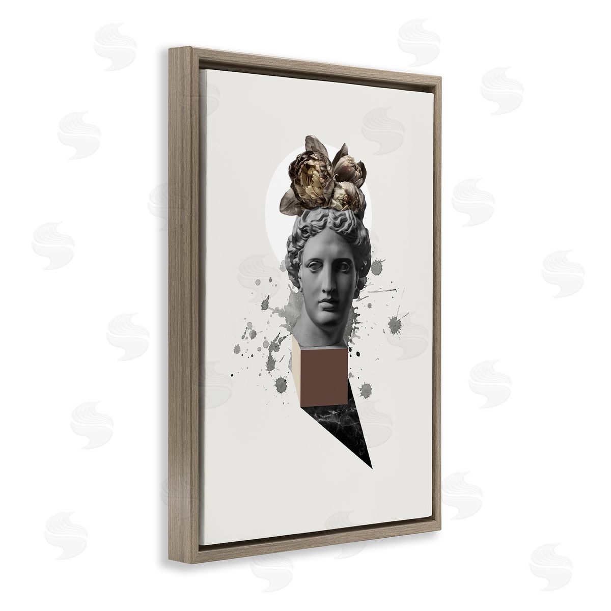 Modern Statue with Peonies Brown Floating Frame Canvas Wall Art, Home Decor by Malerifabrikken