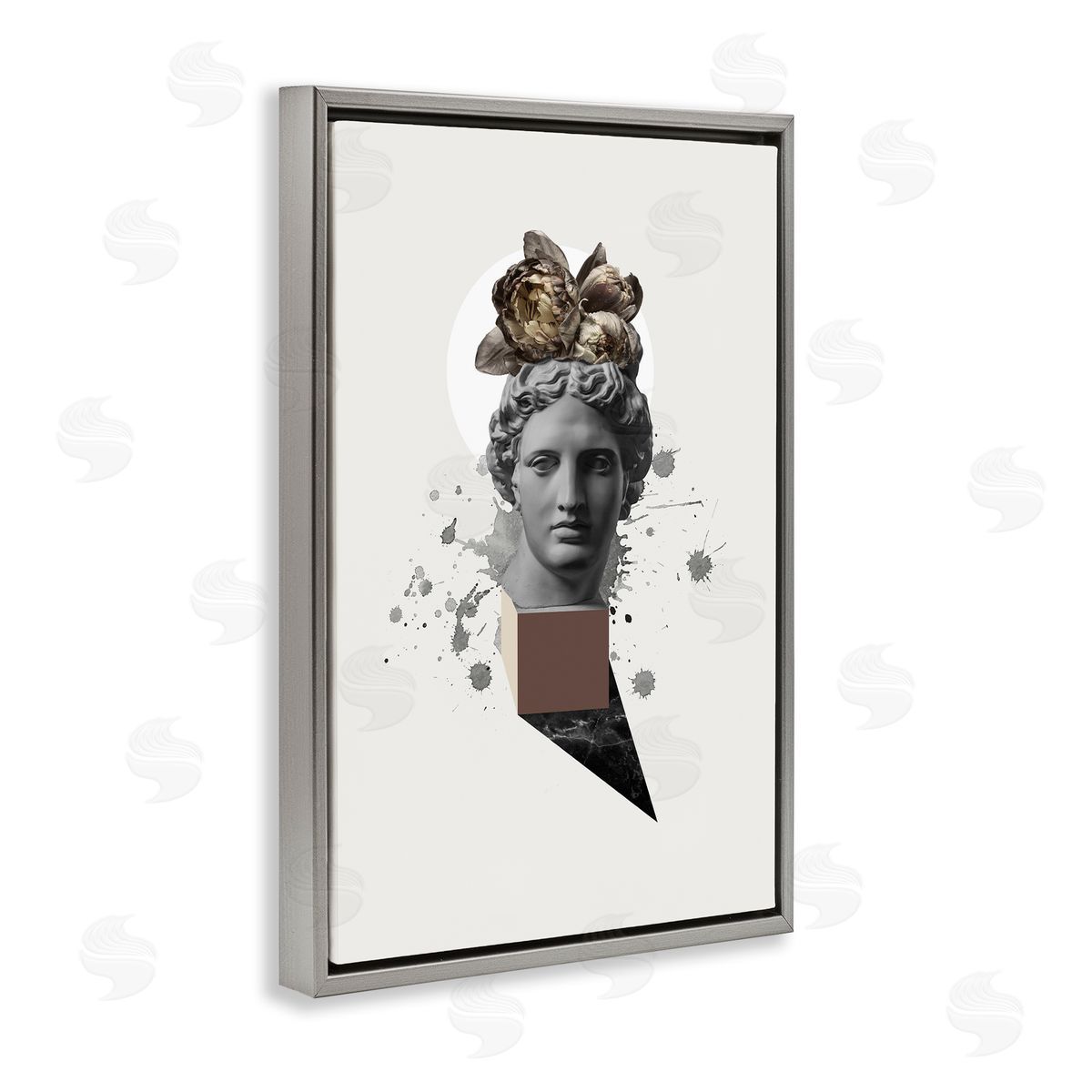 Modern Statue with Peonies Grey Floating Frame Canvas Wall Art, Home Decor by Malerifabrikken