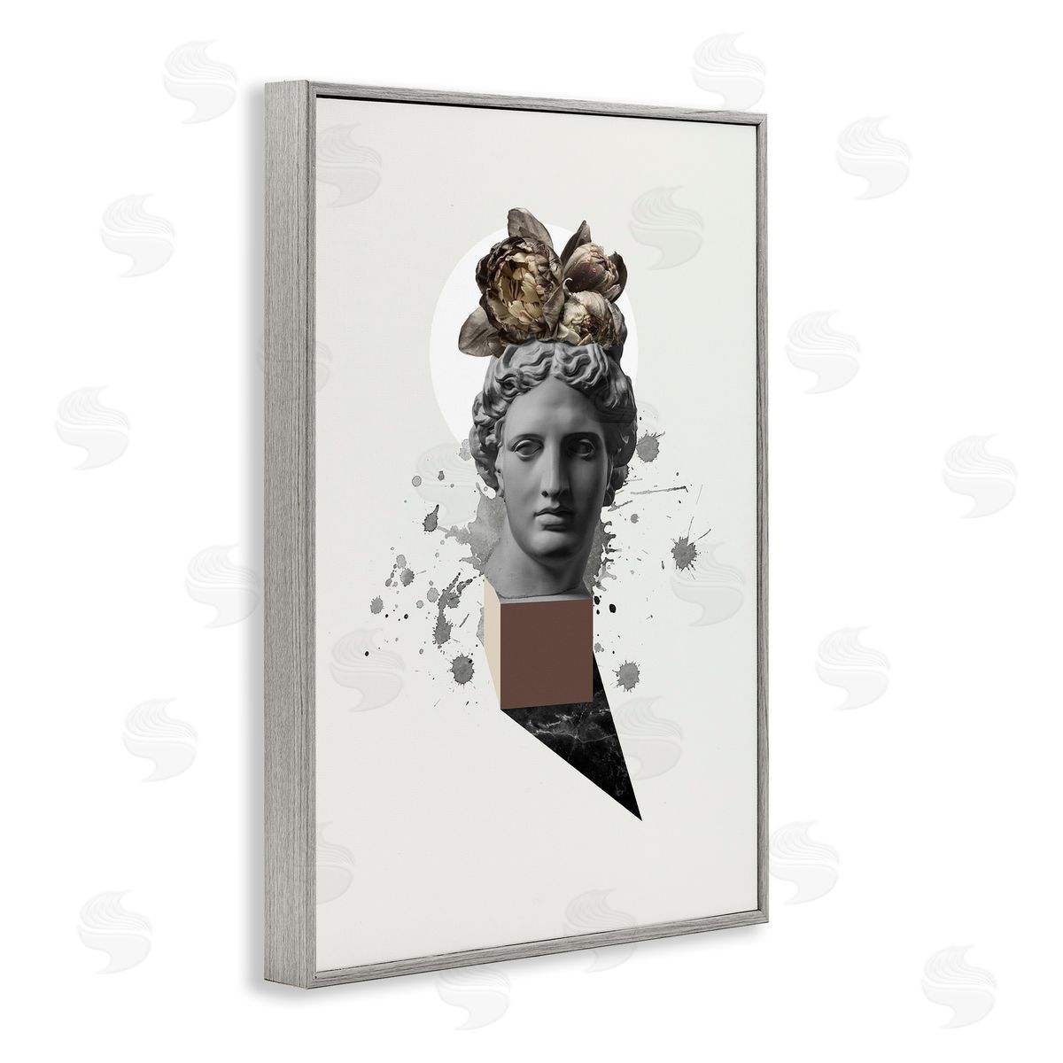 Modern Statue with Peonies Grey Frame Print Wall Art, Home Decor by Malerifabrikken
