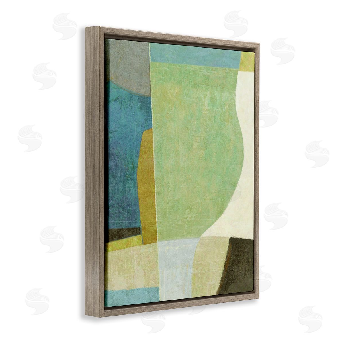 Green Geometric Collage Brown Floating Frame Canvas Wall Art, Home Decor by Suzanne Nicoll