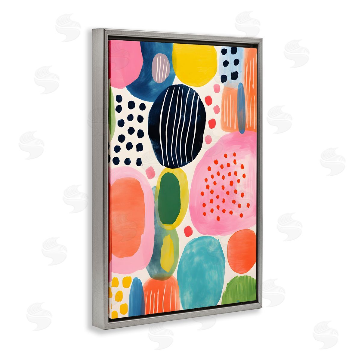 Whimsical Patterned Shapes Grey Floating Frame Canvas Wall Art, Home Decor by Petal Prints Design