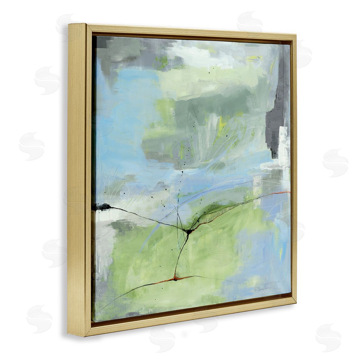 Abstraction with Streaked Line Gold Floating Frame Canvas Wall Art, Home Decor by Ruth Fromstein